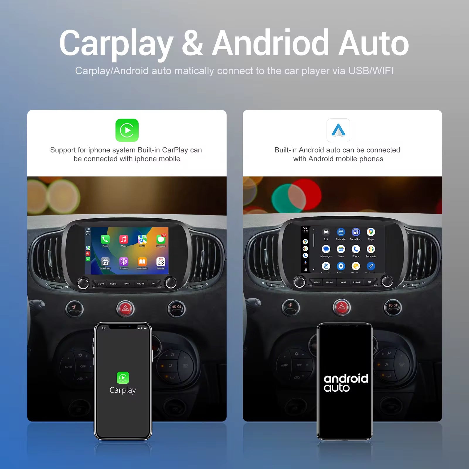 Autoradio 7" Android 15 Carplay Wirless per Fiat 500X 2014-2020 WIFI 4GB + 64GB